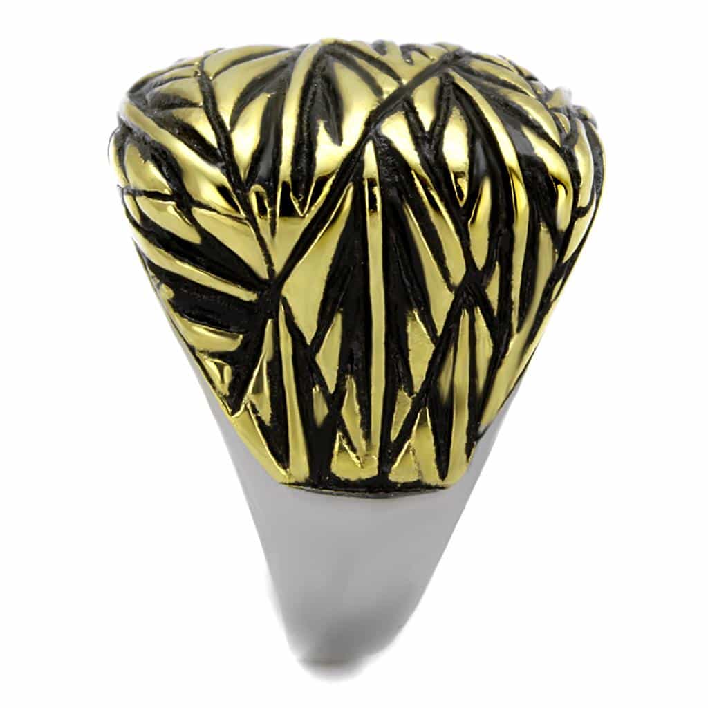 Stainless Steel Gold IP Leaf Palm Carved Wide Cuff Ring view 8