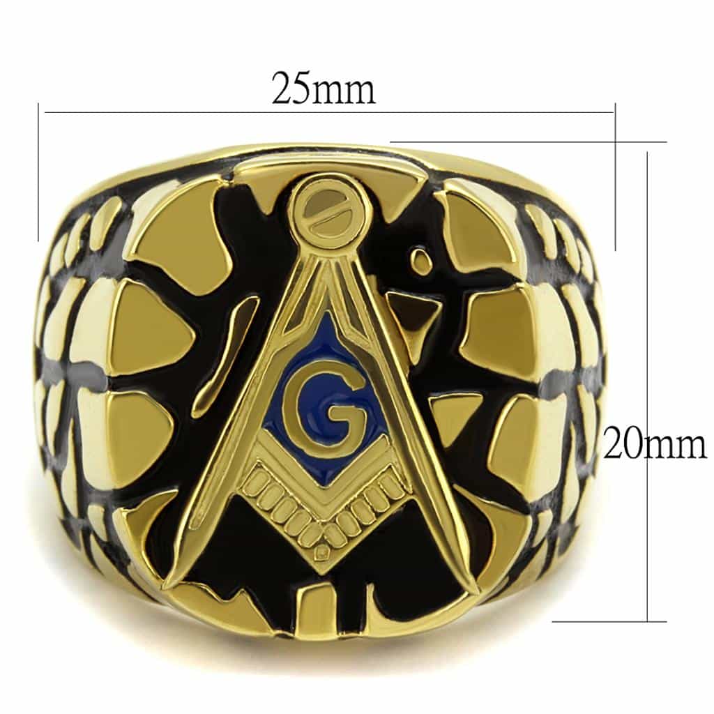 Stainless Steel Gold IP Masonic Blue Enamel Ornate Signet Ring view 6