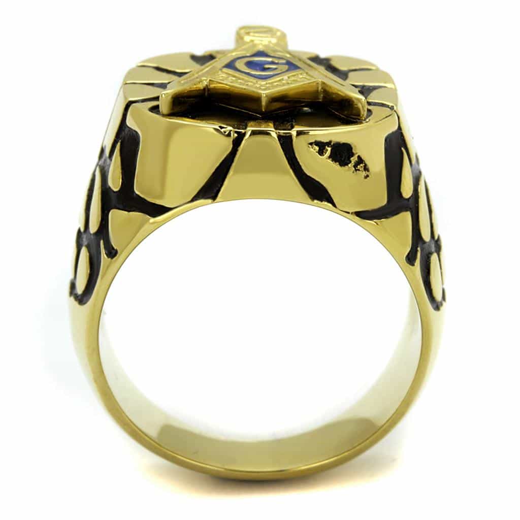 Stainless Steel Gold IP Masonic Blue Enamel Ornate Signet Ring view 3
