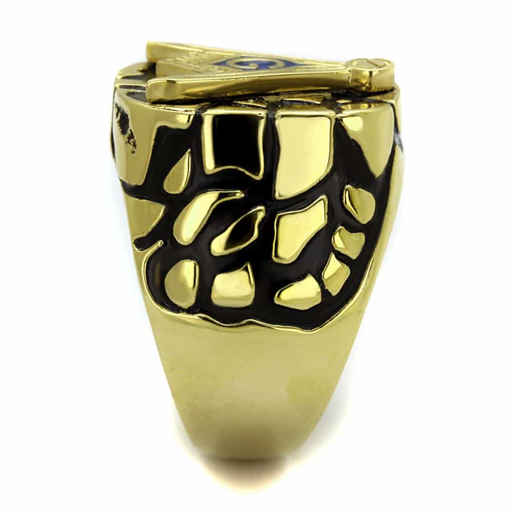 Stainless Steel Gold IP Masonic Blue Enamel Ornate Signet Ring view 8