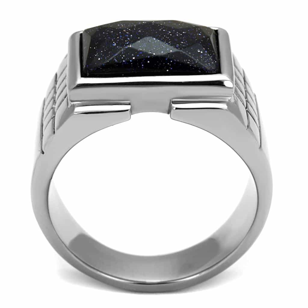 Stainless Steel Blue Goldstone Sparkle Square Mens Signet Ring view 7