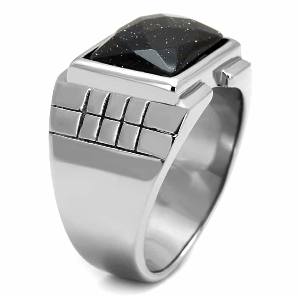 Stainless Steel Blue Goldstone Sparkle Square Mens Signet Ring view 8