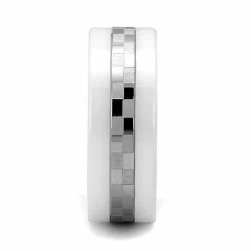 Stainless Steel White Ceramic Faceted Checker Ring view 8