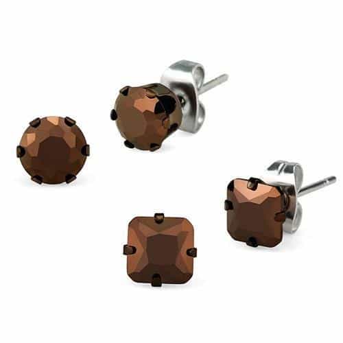 Stainless Steel Smoky Brown CZ Round Prong Stud Set Earrings view 2