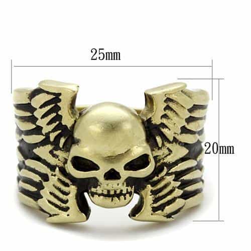 Stainless Steel Antiqued Brass Skull Winged Crossbones Ring view 6