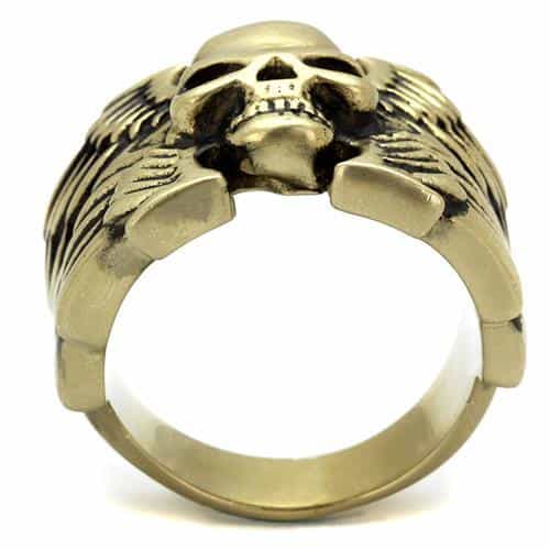 Stainless Steel Antiqued Brass Skull Winged Crossbones Ring view 7