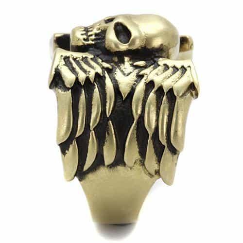 Stainless Steel Antiqued Brass Skull Winged Crossbones Ring view 8