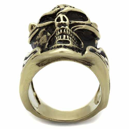 Stainless Steel Antiqued Brass Skull Devil Horns Ring view 7