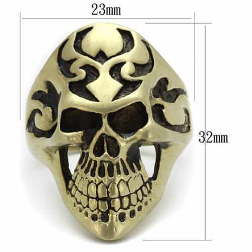 Stainless Steel Antiqued Brass Skull Tribal Tattoo Ring view 2