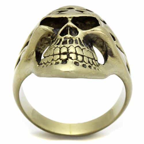 Stainless Steel Antiqued Brass Skull Tribal Tattoo Ring view 3