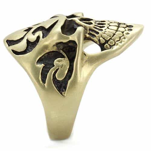 Stainless Steel Antiqued Brass Skull Tribal Tattoo Ring view 8