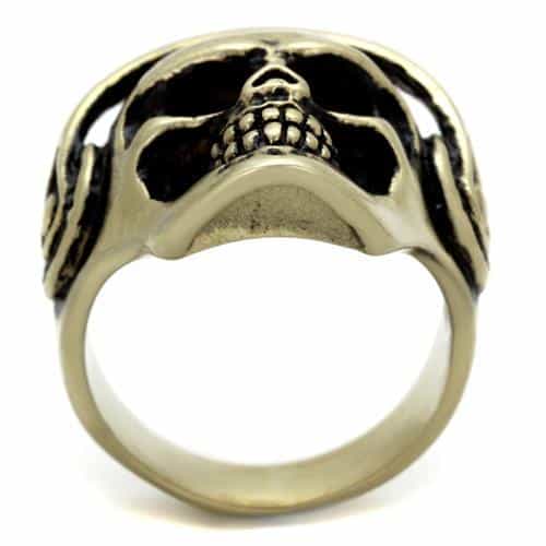 Stainless Steel Antiqued Brass Skull Headphones Aviator Ring view 7