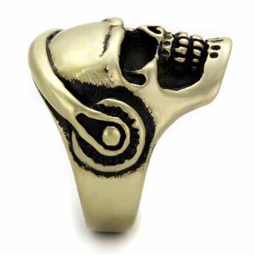 Stainless Steel Antiqued Brass Skull Headphones Aviator Ring view 4