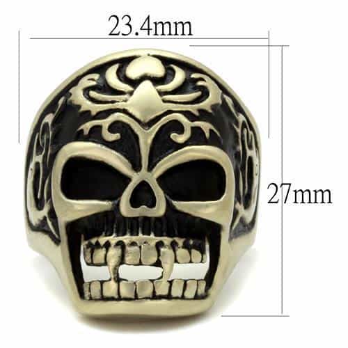 Stainless Steel Antiqued Brass Skull Flame Eyes Tattoo Ring view 6