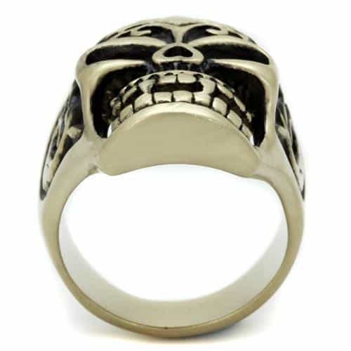Stainless Steel Antiqued Brass Skull Flame Eyes Tattoo Ring view 7