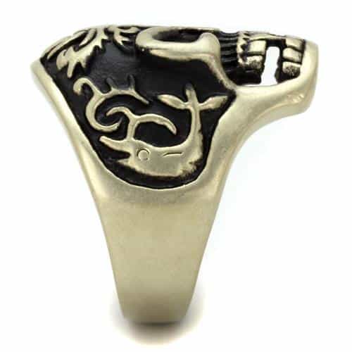 Stainless Steel Antiqued Brass Skull Flame Eyes Tattoo Ring view 4