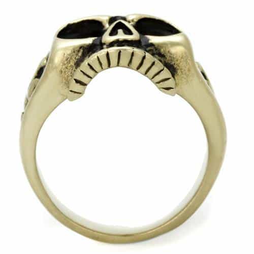 Stainless Steel Antiqued Brass Skull Flame Textured Dome Ring view 3