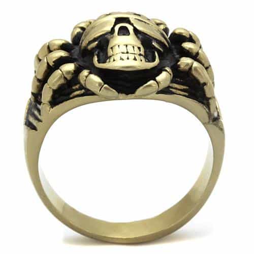 Stainless Steel Antiqued Brass Skull Pirate Crown Crossbones Ring view 3