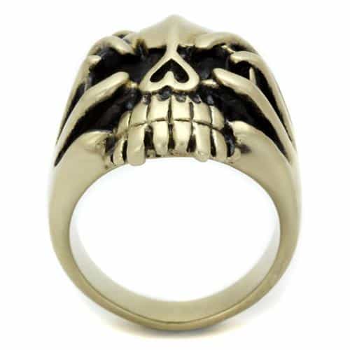 Stainless Steel Antiqued Brass Skull Flame Grinning Ring view 7