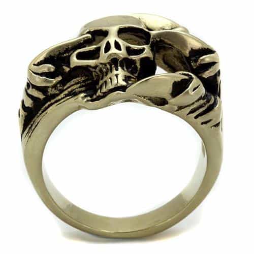 Stainless Steel Antiqued Brass Skull Axe Weapon Ring view 9