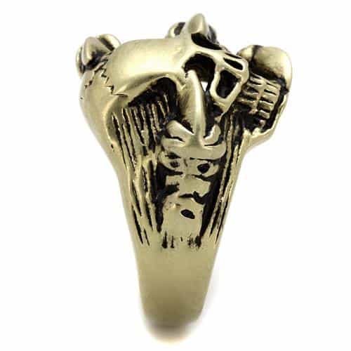 Stainless Steel Antiqued Brass Skull Axe Weapon Ring view 10