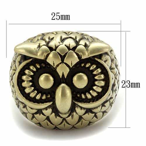 Stainless Steel Antiqued Brass Owl Feathered Dome Ring view 6