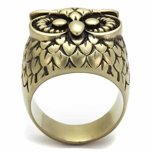 Stainless Steel Antiqued Brass Owl Feathered Dome Ring view 7