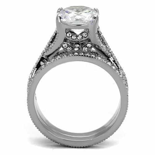 Stainless Steel Dark Gunmetal CZ Round Milgrain Pave Bridal Ring view 7