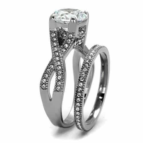 Stainless Steel Dark Gunmetal CZ Round Milgrain Pave Bridal Ring view 8