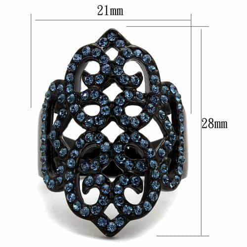 Stainless Steel Black IP Aqua Blue Crystal Filigree Wide Ring view 6