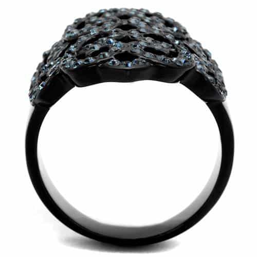 Stainless Steel Black IP Aqua Blue Crystal Filigree Wide Ring view 3
