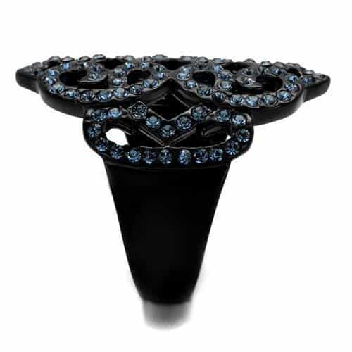 Stainless Steel Black IP Aqua Blue Crystal Filigree Wide Ring view 4