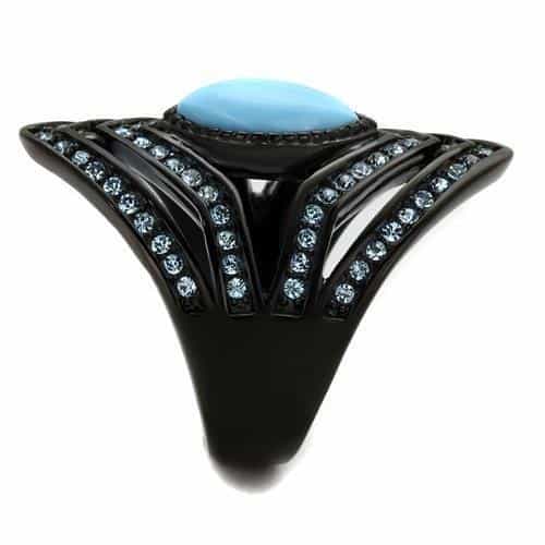Stainless Steel Black IP Turquoise Cabochon CZ Shield Dome Ring view 8