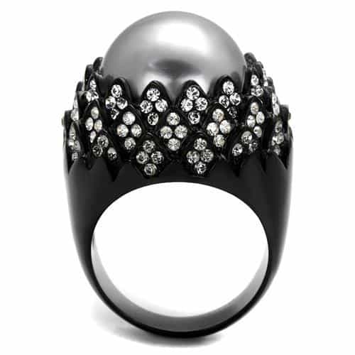 Stainless Steel Black IP Gray Pearl Champagne CZ Crown Dome Ring view 3