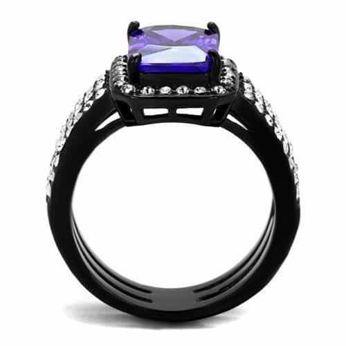 Stainless Steel Black IP Tanzanite Purple Emerald Cut CZ Ring view 7