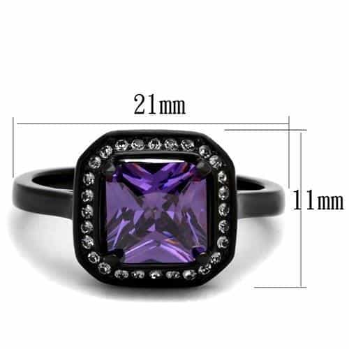 Stainless Steel Black IP Amethyst Purple Princess CZ Halo Ring view 2