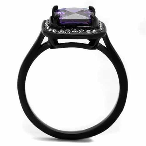 Stainless Steel Black IP Amethyst Purple Princess CZ Halo Ring view 3