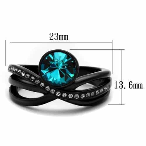 Stainless Steel Black IP Blue Zircon Teal Round CZ Crossover Ring view 2