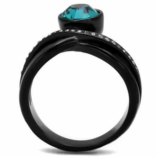 Stainless Steel Black IP Blue Zircon Teal Round CZ Crossover Ring view 7
