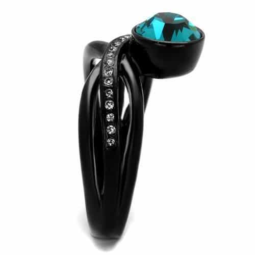 Stainless Steel Black IP Blue Zircon Teal Round CZ Crossover Ring view 8