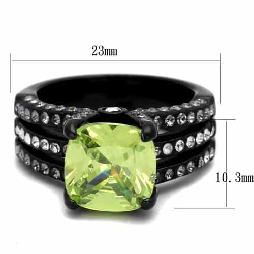 Stainless Steel Black IP Peridot Green Cushion CZ Pave Ring view 2