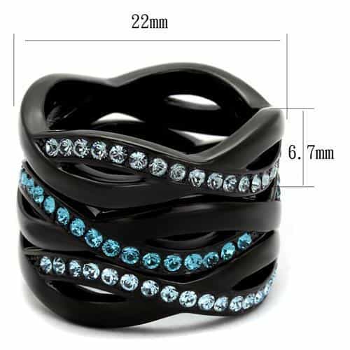 Stainless Steel Black IP Aqua Blue Crystal Diagonal Stripe Ring view 6