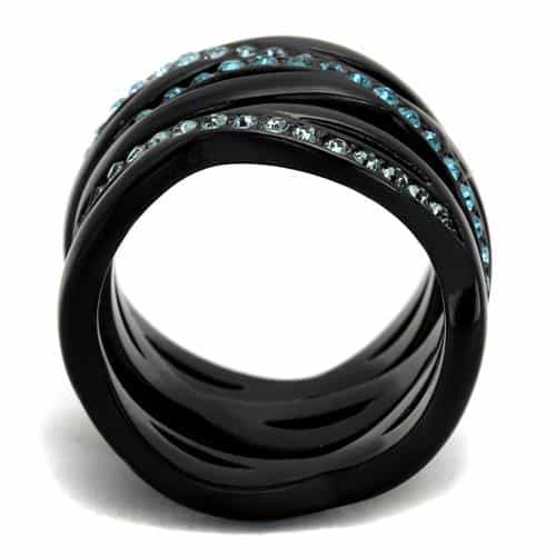 Stainless Steel Black IP Aqua Blue Crystal Diagonal Stripe Ring view 7