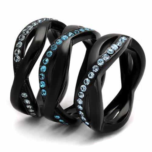 Stainless Steel Black IP Aqua Blue Crystal Diagonal Stripe Ring view 8