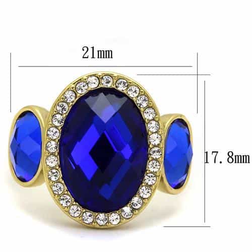 Stainless Steel Gold IP Blue Sapphire Oval CZ Halo Ring view 6