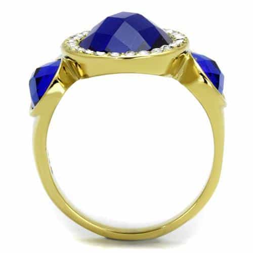 Stainless Steel Gold IP Blue Sapphire Oval CZ Halo Ring view 7