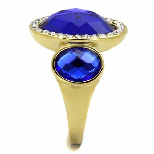 Stainless Steel Gold IP Blue Sapphire Oval CZ Halo Ring view 4
