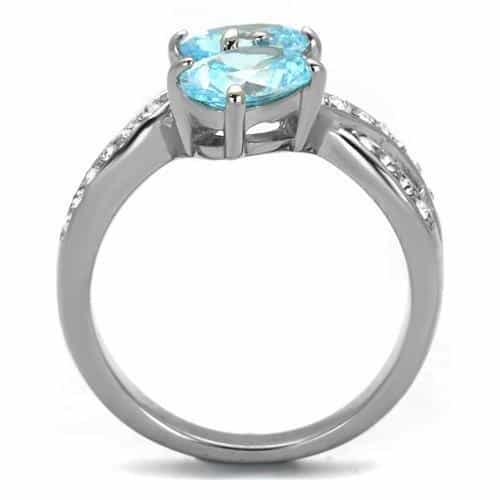 Stainless Steel Aquamarine Blue Oval CZ Halo Split Shank Ring view 7