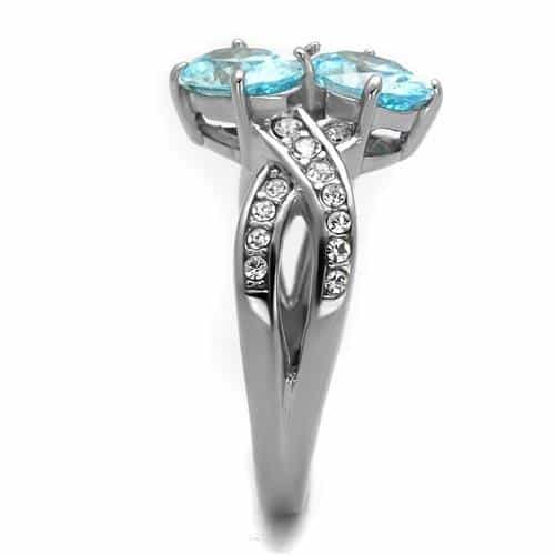 Stainless Steel Aquamarine Blue Oval CZ Halo Split Shank Ring view 8
