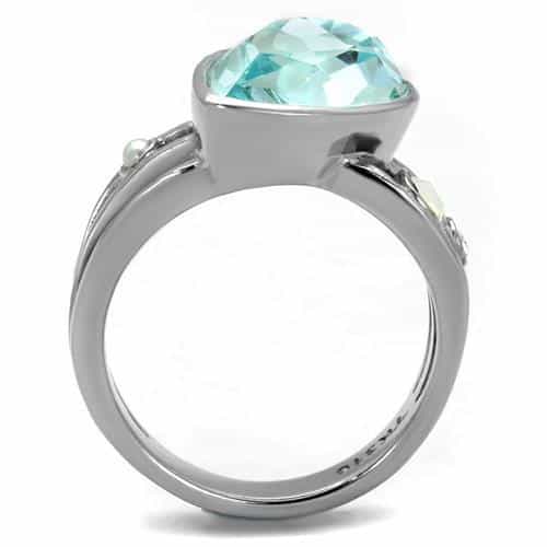 Stainless Steel Aquamarine Blue Pear CZ Side Accent Opal Ring view 7